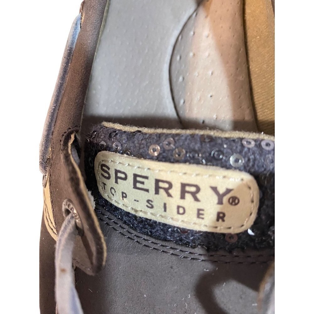 Sperry Top Sider Taupe Leather Gray Sequin‎ Slip On Boat Shoes Sz 8 1/2 - Picture 7 of 10